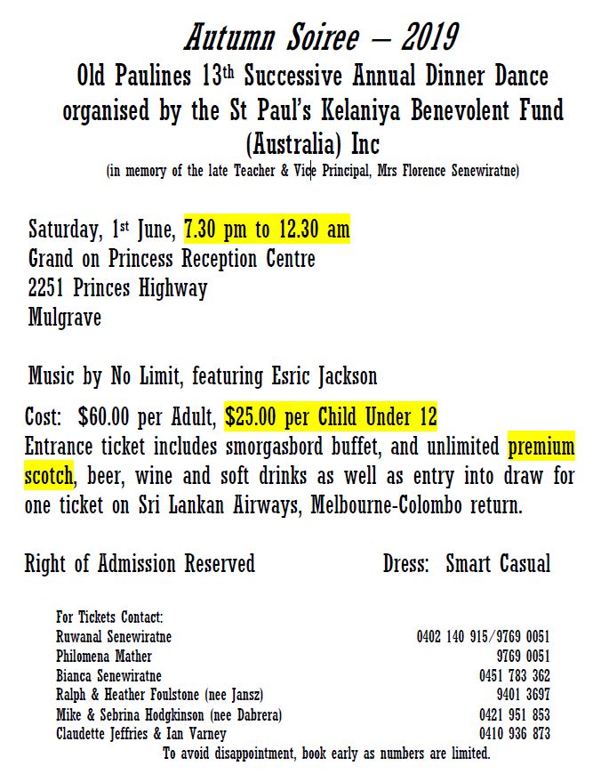 Autumn Soiree – 2019 - Old Paulines 13th Successive Annual Dinner Dance - organised by the St Paul’s Kelaniya Benevolent Fund (Australia) Inc