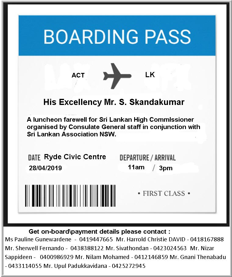 A Lunsheon farewell for Sri Lankan High Commissioner: His Excellency Mr. S Skandakumar (28th April 2019) - Sydney event