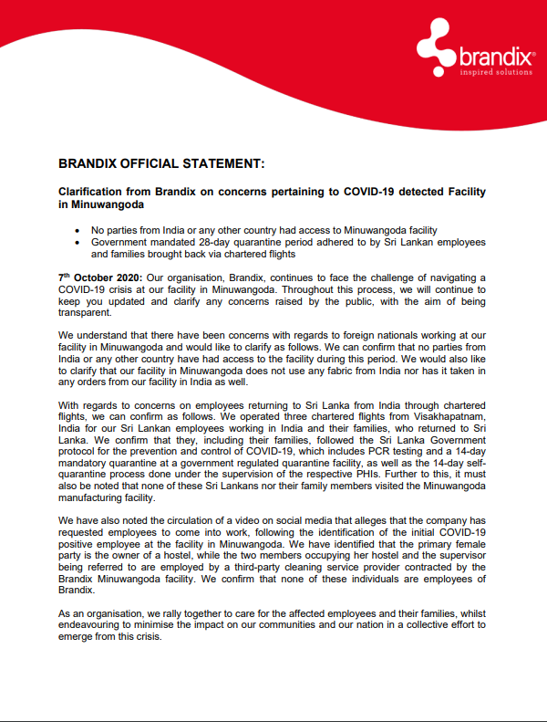 Brandix_Official Statement 11 Oct 2020