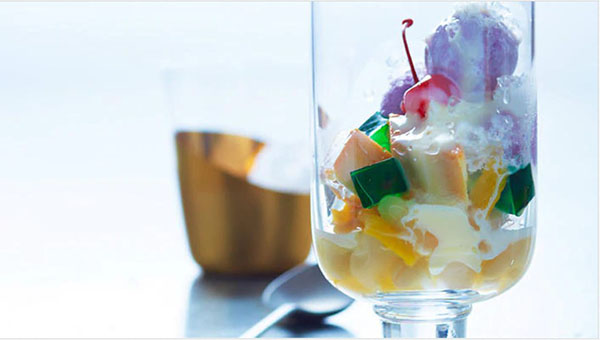 Halo halo woth purple yam ice-cream and pandan jelly