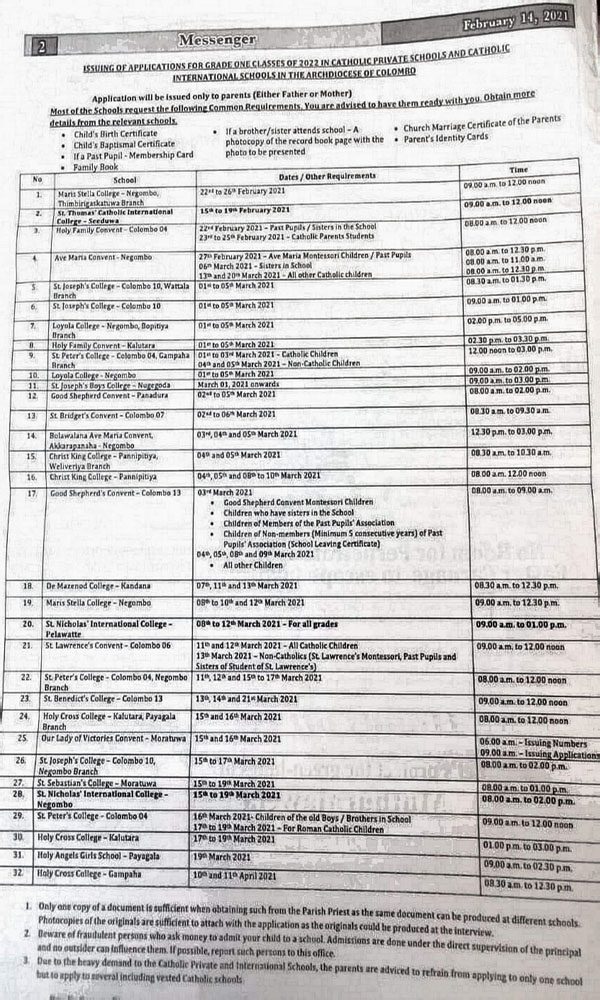 ADMISSIONS TO CATHOLIC SCHOOLS - 2022