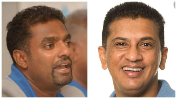 Muttiah Muralitharan (left) and Roshan Mahanama