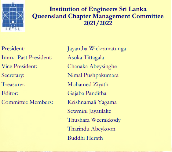 Institution of Engineers Sri Lanka Queensland Chapter Management Committee 2021/2022