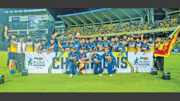 Sri Lanka team celebrate winning the five-match ODI series