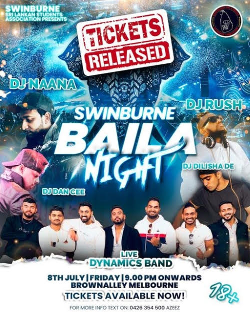Swinburne Sri Lankan Students Association Presents – Swinburn Baila Night – Friday 8th July 2022( Melbourne event)