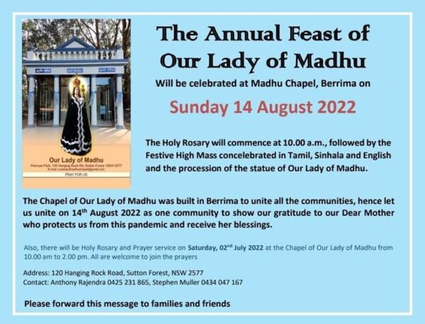 SLNSWCA Annual pilgrimage of Our Lady of Madhu at Madhu Chapel in Berrima on Sunday 14th August at 10am