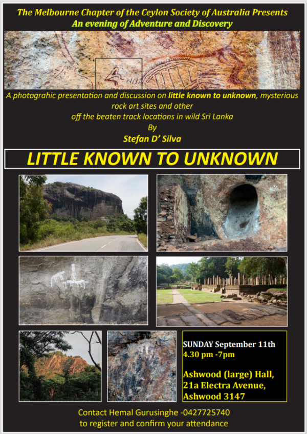 The Melbourne Chapter of the Ceylon Society of Australia Presents - An evening of Adventure & Discovery - Little Known & Unknown Places in Sri Lanka – 11th September 2022 (Melbourne event)