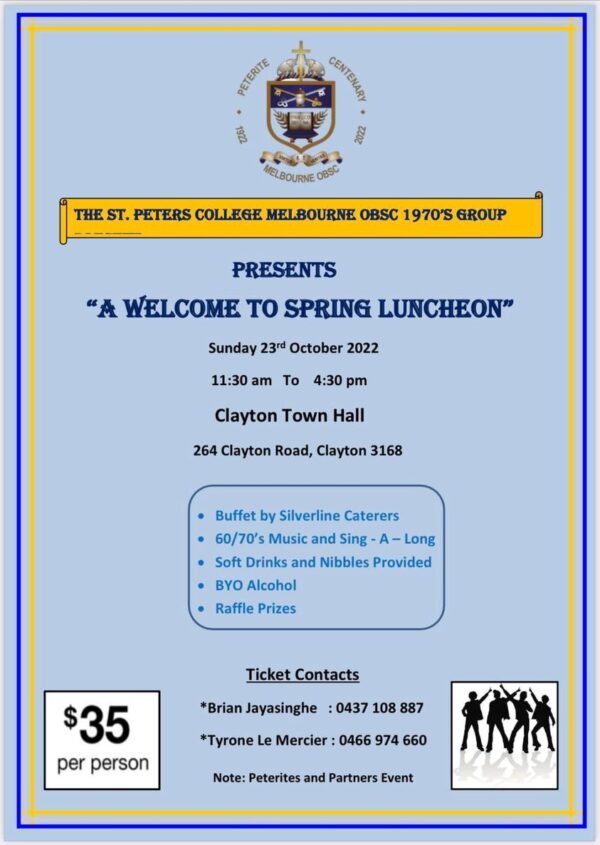 The St. Peter's College Melbourne OBSC 1907's Group Presents "A Welcome to Spring Luncheon" - Sunday 23rd October 2022 (Melbourne event)