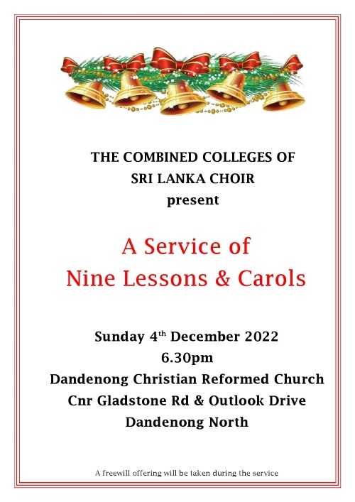 Combined Colleges of Sri Lanka Choir - December 2022 - Sunday 4 - 6.30 pm ( Melbourne)