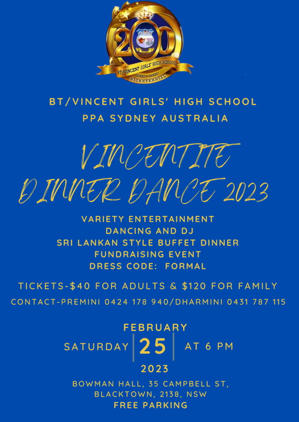 BT/VINCENT GIRLS' HIGH SCHOOL PPA Sydney Australia presents - VINCENITE Dinner Dance 2023 - Saturday 25th February 2023 (Sydney event)