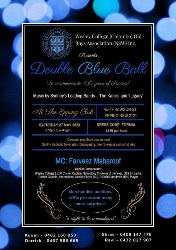 Wesley College (Colombo) Old Boys Association (NSW) Inc Presents Double Blue Ball – at the Epping Club (Sydney event) – 27th May 2023