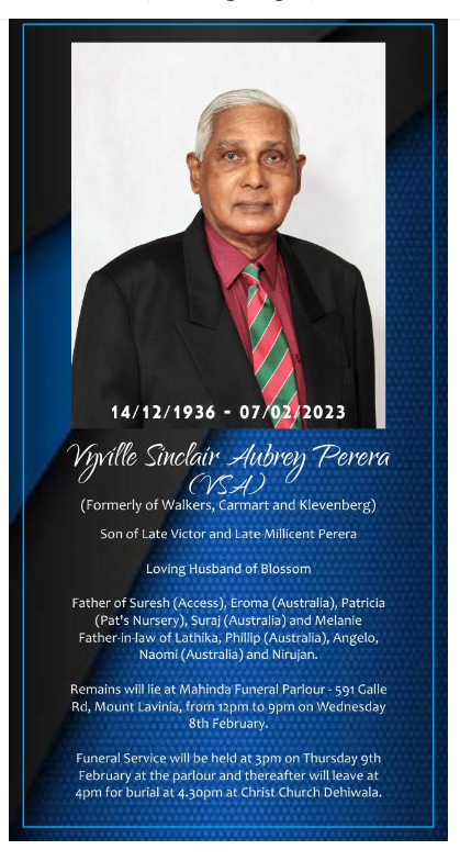 Demise of Vyville Perera Formerly of Walker Sons & Co Ltd Lucas Dept & Dearly Beloved Spouse of Blossom Perera
