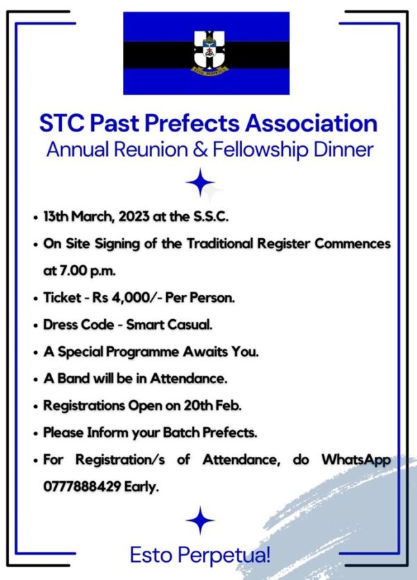 STC Past Prefects Association Annual Reunion & Fellowship Dinner - 13th March, 2023
