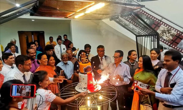 Celebrating the 76th Birthday of the Sinhala Film Industry - (Chandran Rutnam cutting the Birthday cake with the Chairman of the National Film Corporation Deepal Chandraratne)