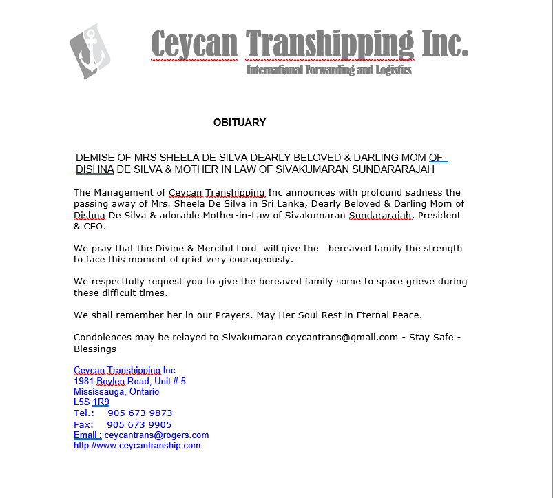 OBITUARY DEMISE OF MRS SHEELA DE SILVA