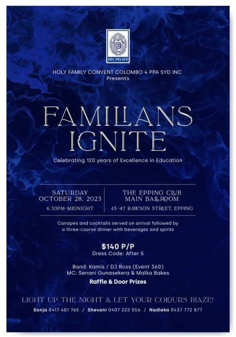Holy Family Convent Colombo 4 PPA PPA Sydney INC presents - Familians Ignite - Satuday 28 October 2023 Epping Club (Sydney event)