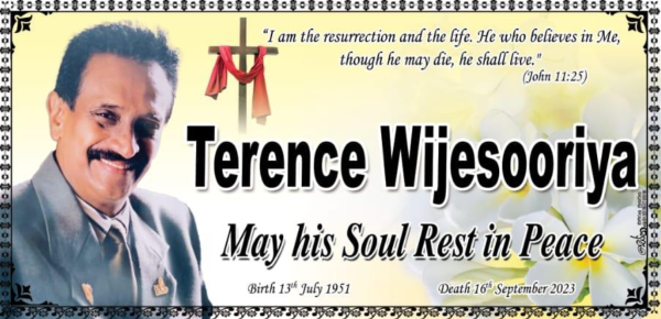 DEMISE OF TERENCE WIJESOORIYA FOREMELY OF OMAN TELECOMMUINACTIONS FINANCE DEPARTMENT - eLanka