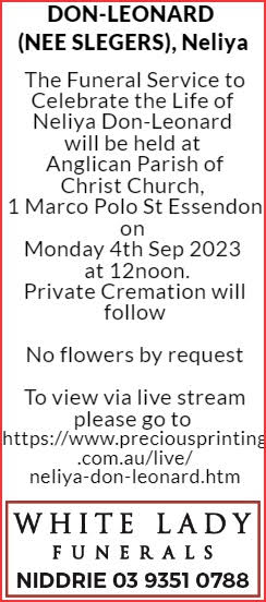 OBITUARY NOTICE - DON-LEONARD (NEE SLEGERS), NELIYA 