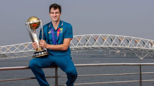Australia’s ICC Men’s Cricket World Cup 2023 winning captain Pat Cummins in front of the Atal Pedestrian Bridge at the Sabarmati Riverfront in Ahmedabad