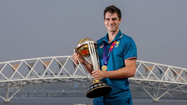 Australia’s ICC Men’s Cricket World Cup 2023 winning captain Pat Cummins in front of the Atal Pedestrian Bridge at the Sabarmati Riverfront in Ahmedabad