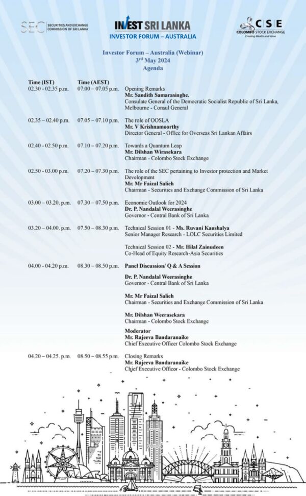 Awareness Session for OSLs on Colombo Stock Exchange (CSE) and Investment in Financial Market - Friday, 03rd of May 2024 at 02.30 p.m. SL time (07.00 p.m Melbourne time)