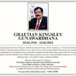 Obituary - GRAETIAN KINGSLEY GUNAWARDHANA - 03.02.1946- 23.04.2024