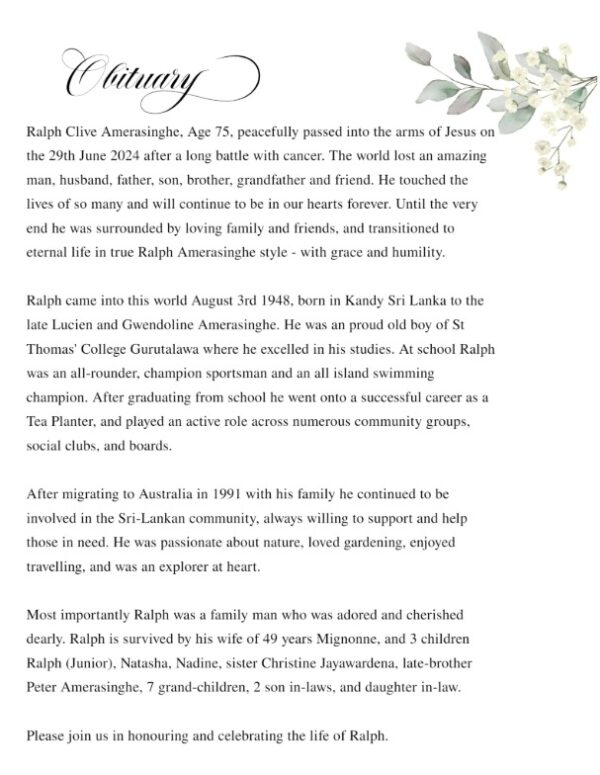 Honoring The Life of Ralph Clive Amarasinghe (August 3, 1948 to June 29, 2024)