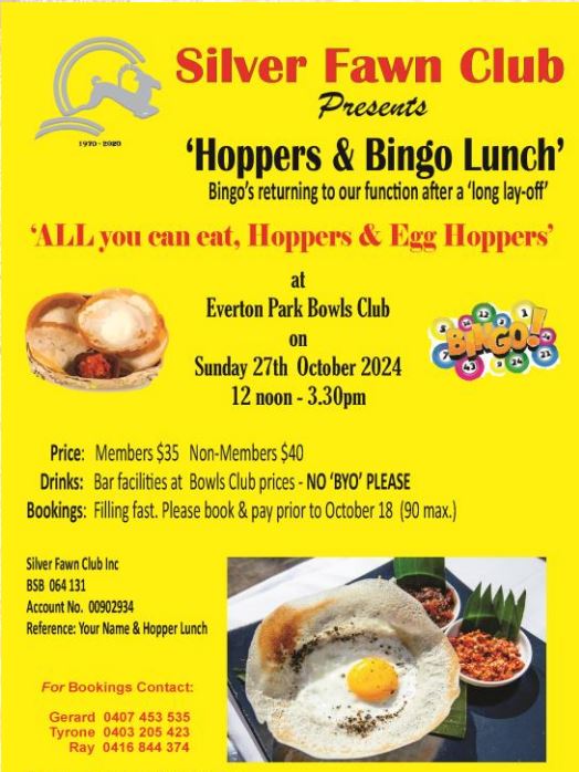 Silver Fawn Club Presents 'Hoppers & Bingo Lunch' - 27th October 2024 12 noon -3.30pm ( Brisbane  Event)