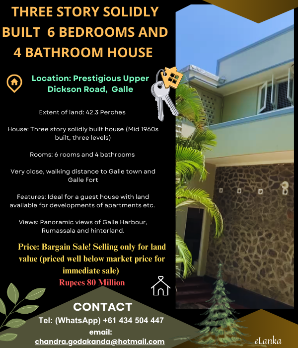 Three Story Solidly Built 6 bedroom and 4 bathroom House - Upper Dickson Road, Galle, Sri Lanka