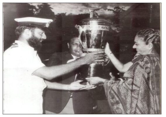 Lieutenant (MCD) Shanthi Kumar Bahar receiving President Cup for Practical Pistol Firing from then First Lady Mrs. Jayawardena in 1984.