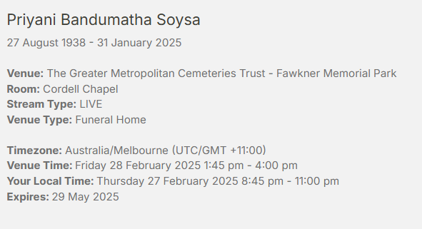 OBITUARY - MRS PRIYANI SOYSA - DEARLY BELOVED SPOUSE OF LATE NEIL SOYSA OF OMAN TELECOMMUINACTIONS