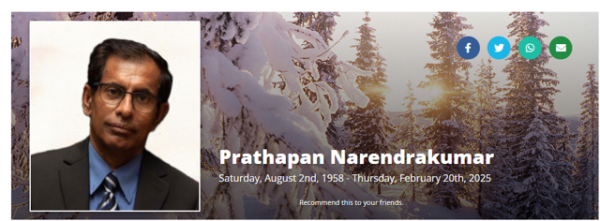 OBITUARY – NARENDIRAKUMAR PIRATHAPAN DEARLY BELOVED SPOUSE OF SHANTHINI NARENDIRAKUMAR