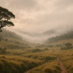 Golden sunrise breaking through the morning mist at Maha Eliya (Horton Plains)